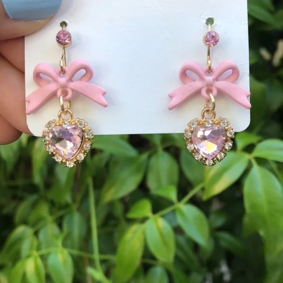 Pink +Gold Bow Crystal Halo Heart Drop Earrings
